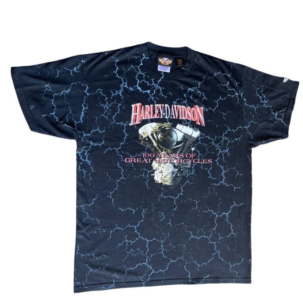 Harley-Davidson Graphic T-Shirt Black Blue Lightning Design AOP 2002